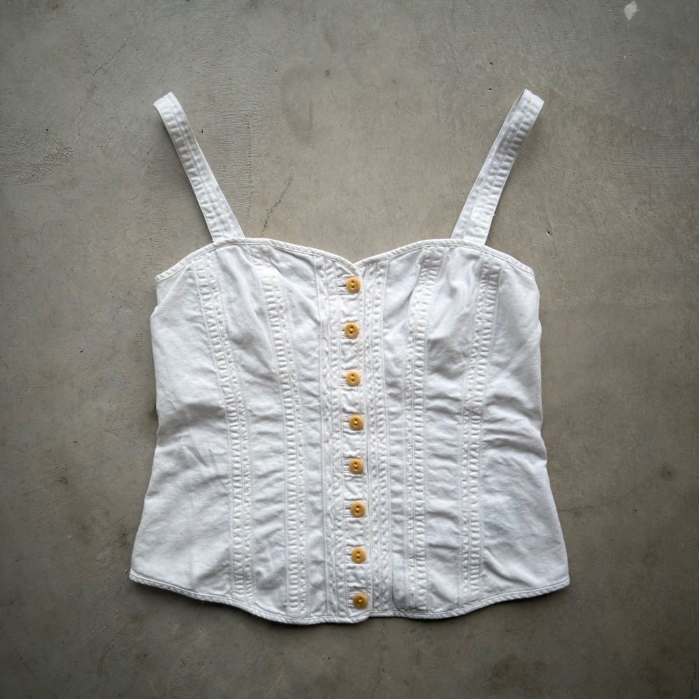 Vintage Ralph Lauren Rugby White Cotton Denim Corset Top Button Front Rare Sz 4